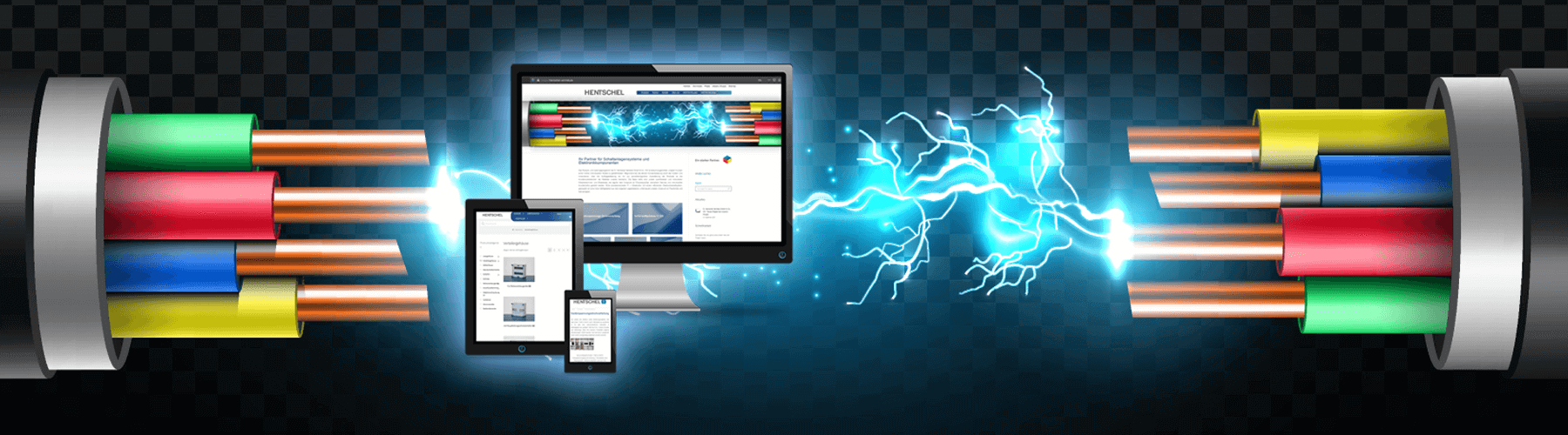 Zwei Kabelleitungen mit Blitz treffen aufeinander, in der Mitte ein PC, Tablet und ein Handy, allesamt mit Hentschel Websiten