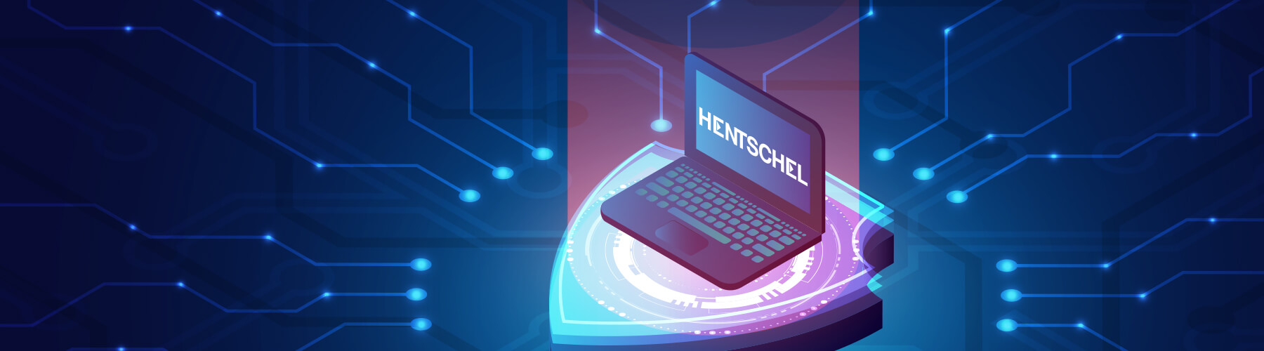 Laptop auf einer erhöhten, KI generierten Ebene, auf dem Bildschirm ist Hentschel abgebildet