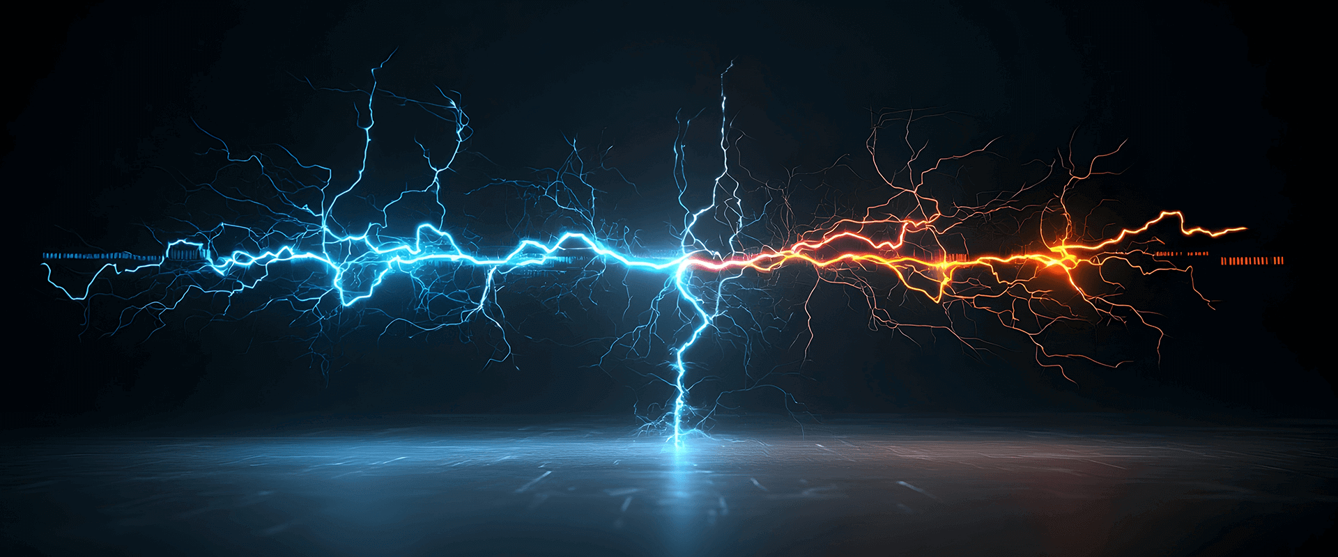 Ein blauer und orangener Blitz treffen aufeinander