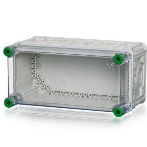 Kunststoff‑Installationsgehäuse mit transparenter Abdeckung, quadratische Bauform, leeres Innengehäuse mit Befestigungspunkten und Kabeleinführungen, Ansicht schräg von vorn.