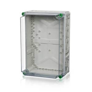 Ein Polycarbonat-Leergehäuse mit transparentem Deckel, dahinter befindet sich ein transparenter Hintergrund.