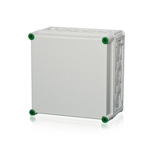 Ein Polycarbonat-Leergehäuse mit Deckel und einem transparenten Hintergrund dahinter.