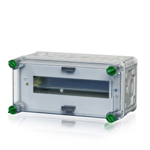 Ein Verteilergehäuse aus Polycarbonat für Reiheneinbaugeräte.