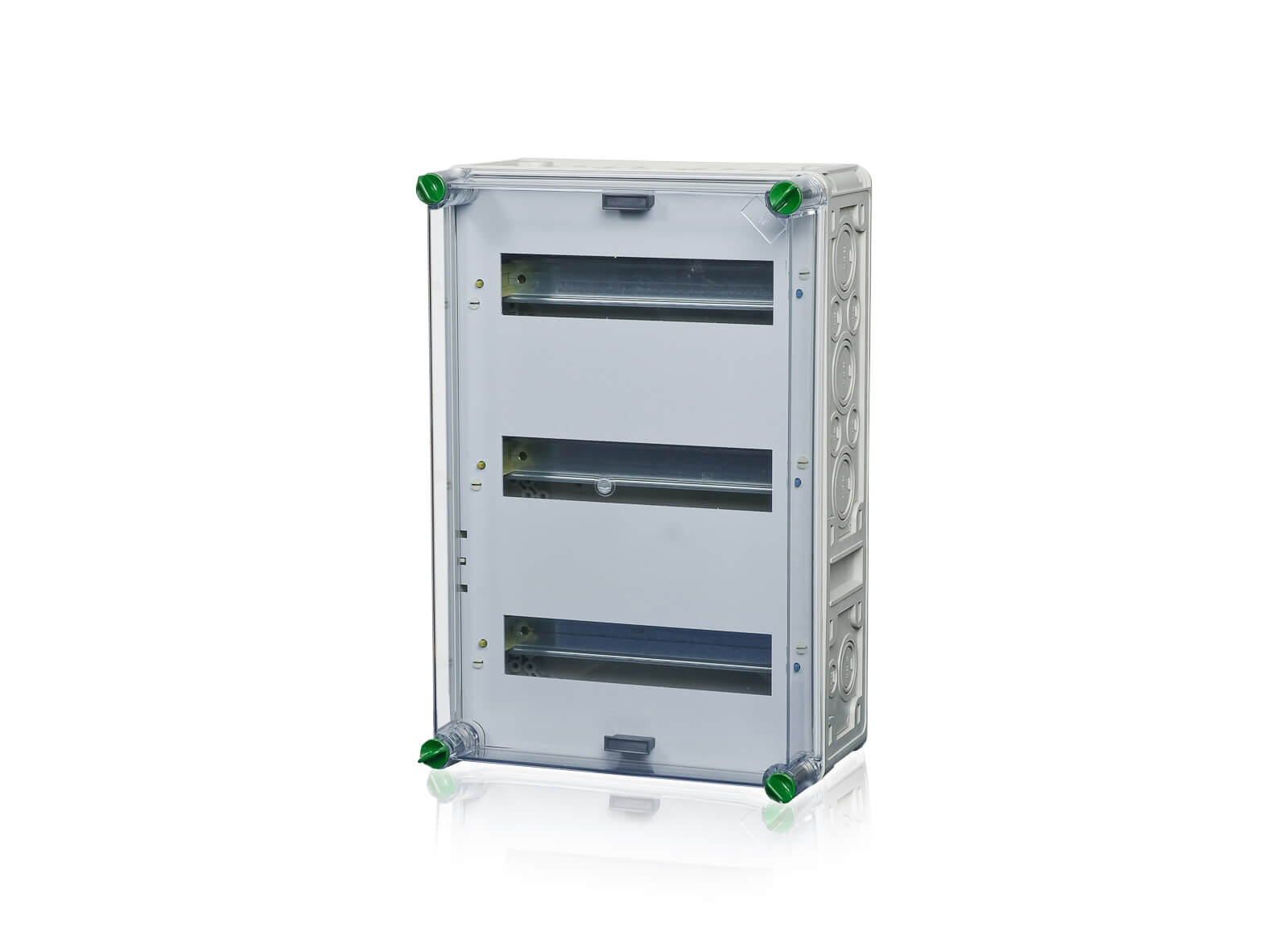 Ein hohes Polycarbonat-Verteilergehäuse, dahinter ist ein transparenter Hintergrund.