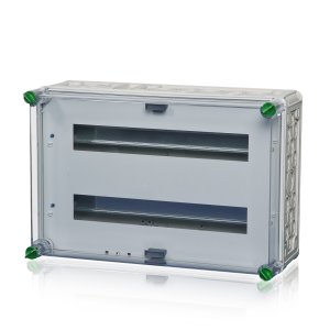 Ein breites Verteilergehäuse aus Polycarbonat, dahinter ist ein transparenter Hintergrund abgebildet.