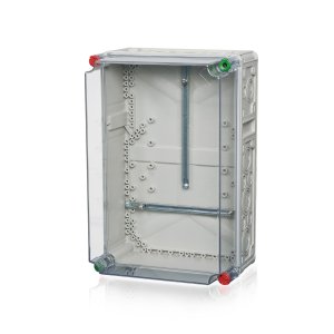 Ein aus Polycarbonat gefertigtes Zählergehäuse mit inegriertem Werkzeugverschluss, hinter einem transparenten Hintergrund.