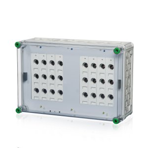 Verteilergehäuse aus Polycarbonat mit integrierter Sammelschiene und einem transparenten Hintergrund.