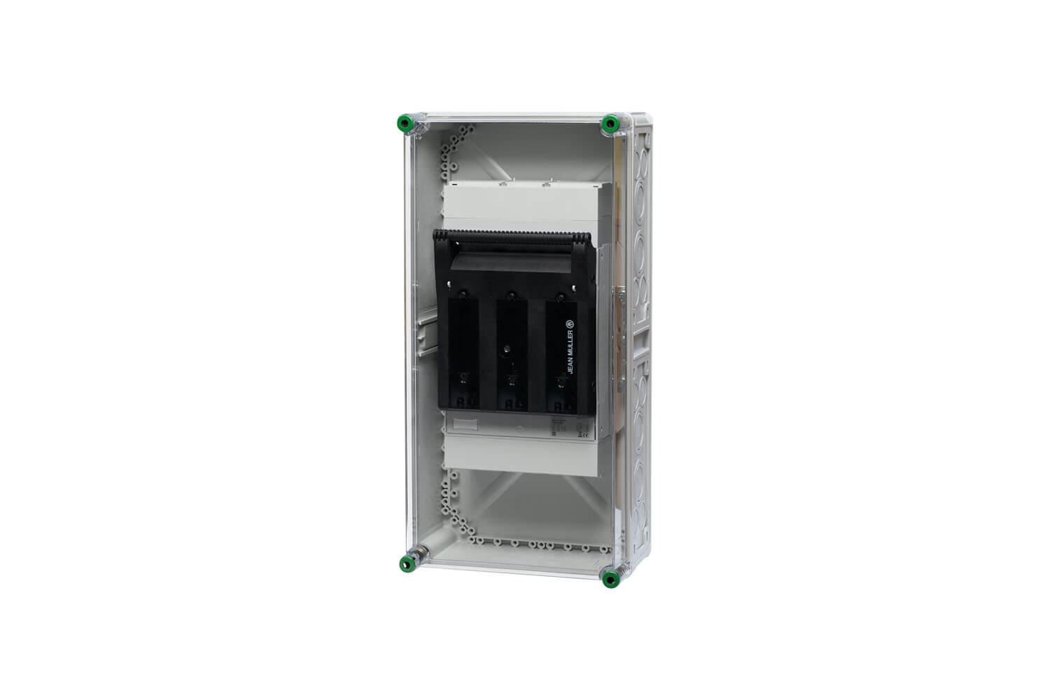 Ein Verteiler mit Lasttrennschalter aus Polycarbonat und einem transparenten Hintergrund dahinter.