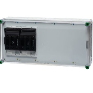Zwei Sicherungstrennschalter aus Polycarbonat in einem Verteilergehäuse, der Hintergund ist transparent.