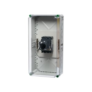 Ein Verteilergehäuse mit einem Leistungsschalter aus Polycarbonat und hinter einem transparenten Hintergrund.