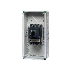 Ein Verteilergehäuse mit Leistungsschalter aus Polycarbonat und hinter einem transparenten Hintergrund.