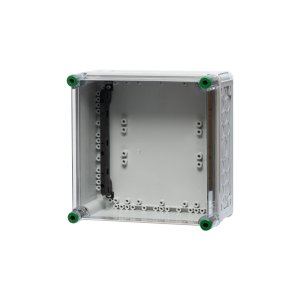 Sammelschienenhalter aus Polycarbonat mit einem transparenten Hintergrund.