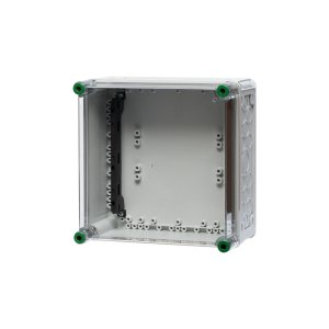 EIn Polycarbonat-Sammelschienenhalter, Maße 30 x 30 cm, hinter einem transparenten Hintergrund.