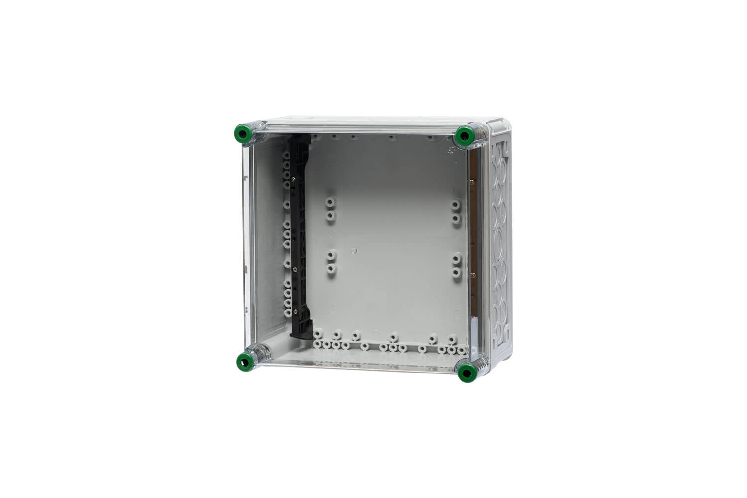 Verteilergehäuse inklusive Sammelschienenhalter, aus Polycarbonat und hinter einem transparenten Hintergrund.