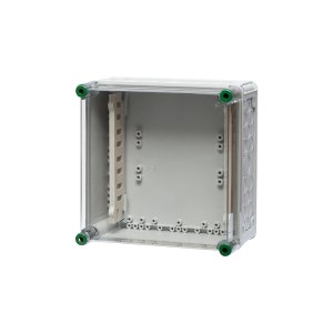Ein Verteilergehäsue mit Sammelschienenhalter aus Polycarbonat, hinter einem transparenten Hintergrund.