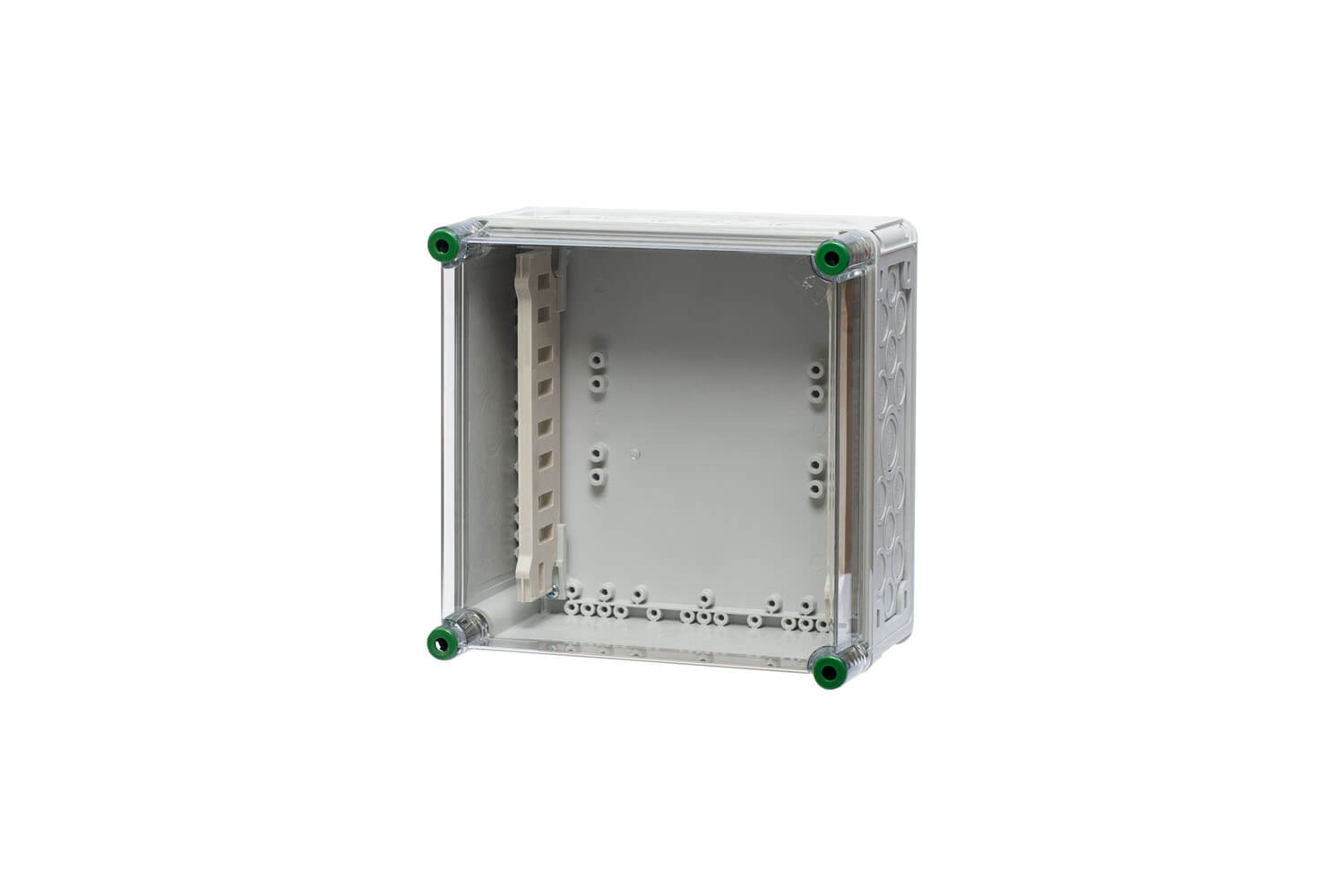 Ein Verteilergehäsue mit Sammelschienenhalter aus Polycarbonat, hinter einem transparenten Hintergrund.