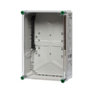 Verteilergehäuse mit Sammelschienenhalter aus Polycarbonat und hinter einem transparenten Hintergrund.