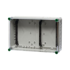 Ein 45 x 30 cm langer Polycarbonat-Sammelschienenhalter hinter einem transparenten Hintergund.