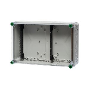 Ein aus Polycarbonat bestehender Sammelschienenhalter, hinter einem transparenten Hintergrund.