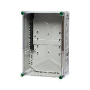 Ein aus Polycarbonat bestehender Sammelschienenhalter mit den Maßen 45 x 30 cm und hinter einem transparenten Hintergrund.