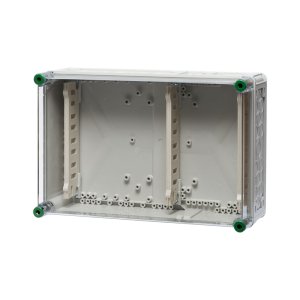 Sammelschienenhalter aus Polycarbonat, Maße 45 x 30 cm, hinter einem transparenten Hintergund.