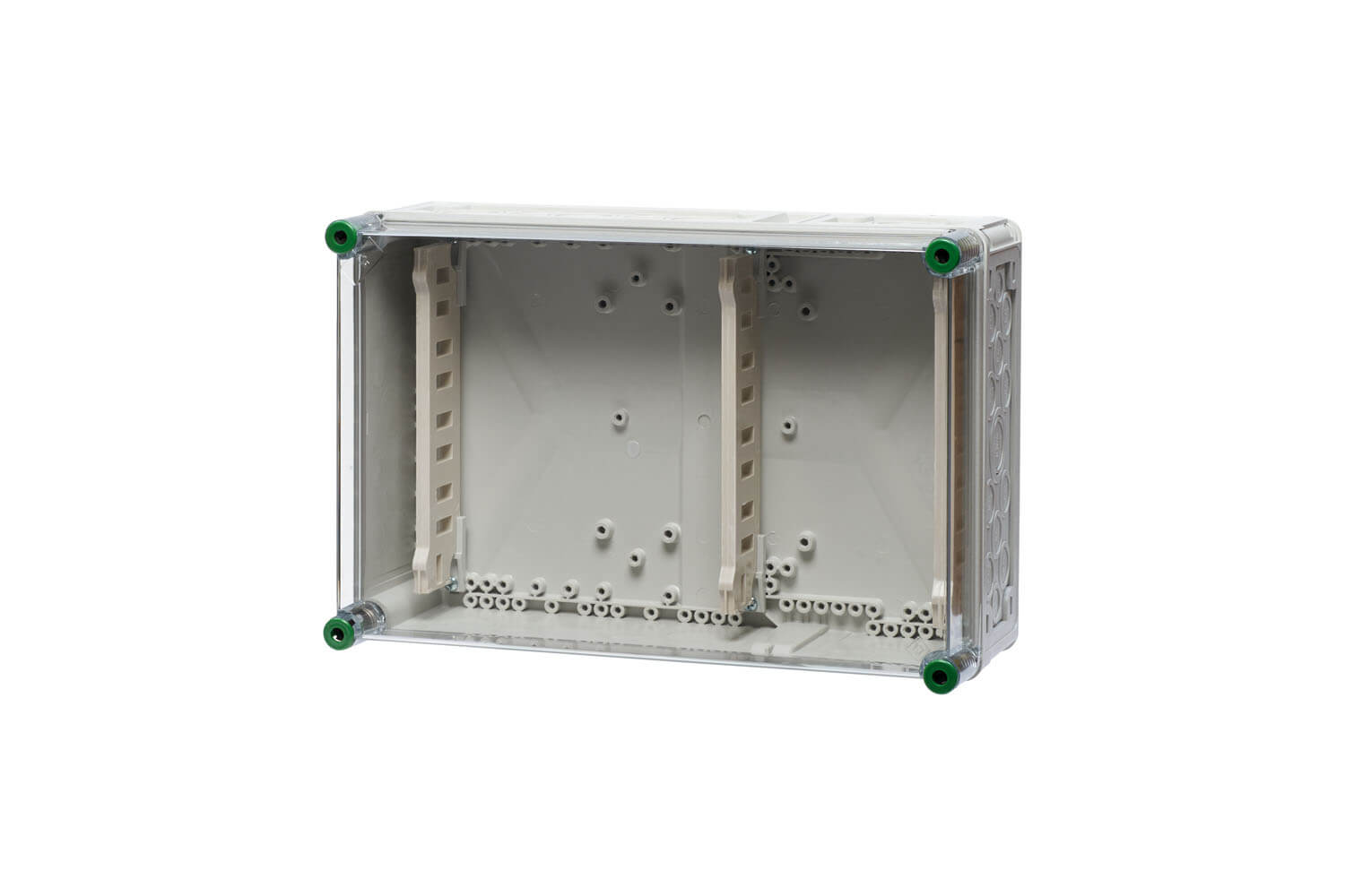 Sammelschienenhalter aus Polycarbonat, Maße 45 x 30 cm, hinter einem transparenten Hintergund.