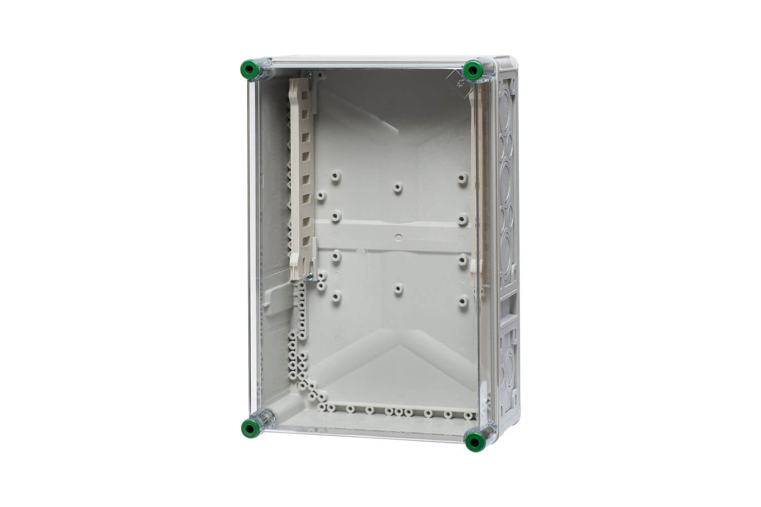 Verteilergehäuse mit Sammelschienenhalter aus Polycarbonat und hinter einem transparenten Hintergrund.