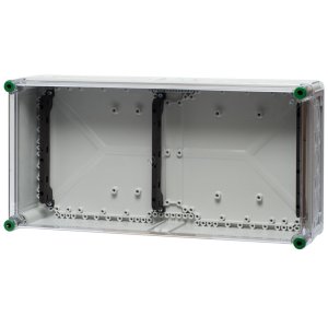 Ein Sammelschienenhalter aus Polycarbonat hinter einem transparenten Hintergrund.