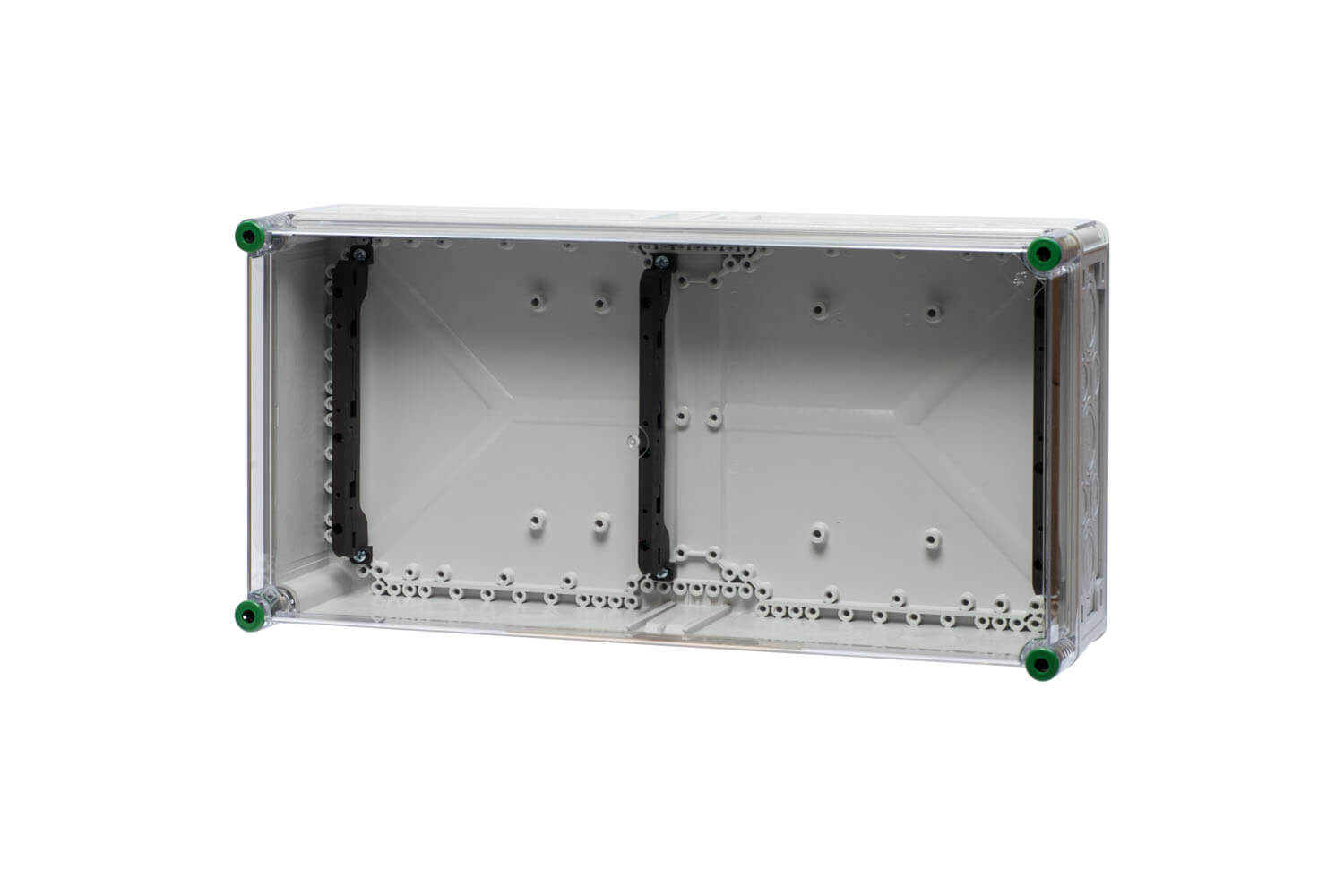 Ein Sammelschienenhalter aus Polycarbonat hinter einem transparenten Hintergrund.