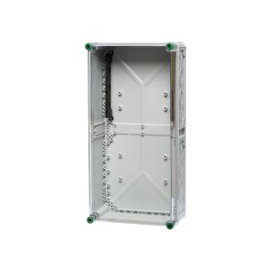 Ein Sammelschienenhalter aus Polycarbonat, mit den Maßen 30 x 60 cm, hinter einem transparenten Hintergrund.
