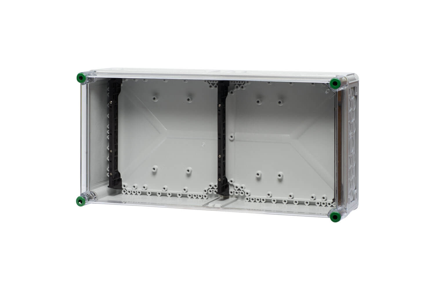 Ein Verteilergehäuse mit Sammelschienenhalter aus Polycarbonat und mit den Maßen 60 x 30 cm, hinter einem transparenten Hintergrund.