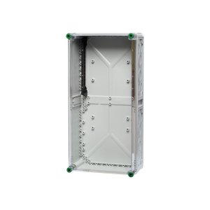 Ein Verteilergehäuse mit Sammelschienenhalter aus Polycarbonat und hinter einem transparenten Hintergrund.