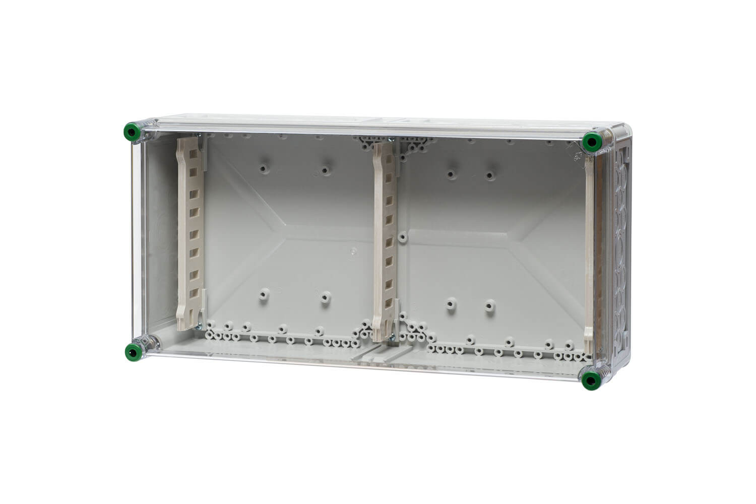 Ein Sammelschienenhalter aus Polycarbonat hinter einem transparenten Hintergrund.