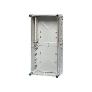 Ein Verteilergehäuse mit Sammelschienenhalter aus Polycarbonat und hinter einem transparenten Hintergrund.