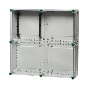 Ein Polycarbonat-Sammelschienenhalter hinter einem transparenten Hintergund.