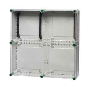 Ein Sammelschienenhalter aus Polycarbonat und mit den Maßen 60 x 60 cm, hinter einem transparenten Hintergrund.