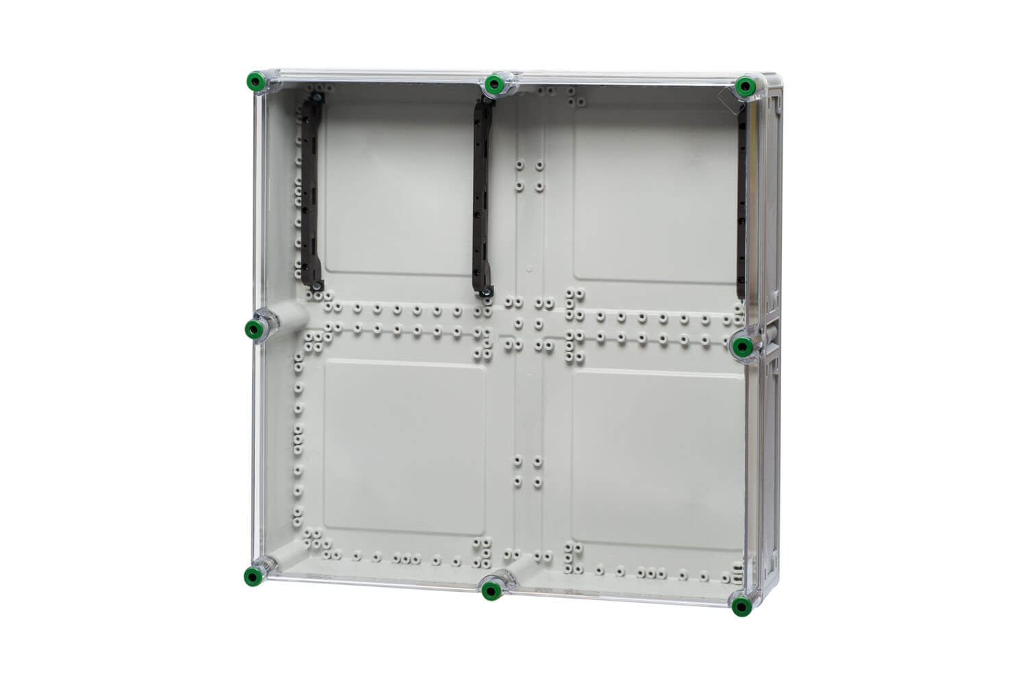 Ein Sammelschienenhalter aus Polycarbonat und mit den Maßen 60 x 60 cm, hinter einem transparenten Hintergrund.