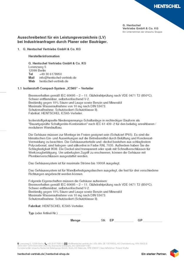 Ausschreibetext für ein Leistungsverzeichnis für die Isolierstoffverteiler ICS65 vom Hentschel Vertrieb.
