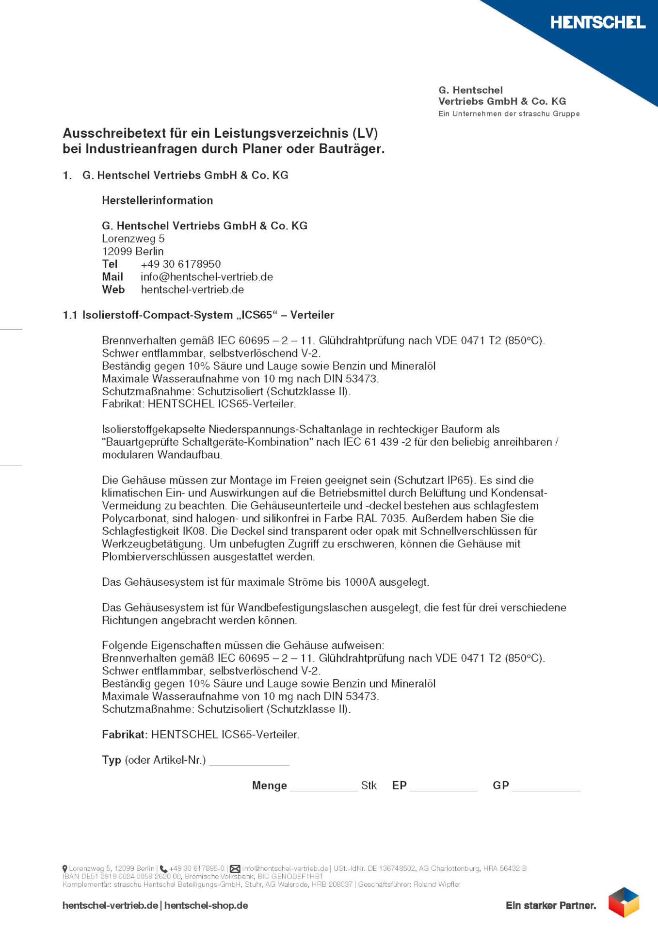 Ausschreibetext für ein Leistungsverzeichnis für die Isolierstoffverteiler ICS65 vom Hentschel Vertrieb.