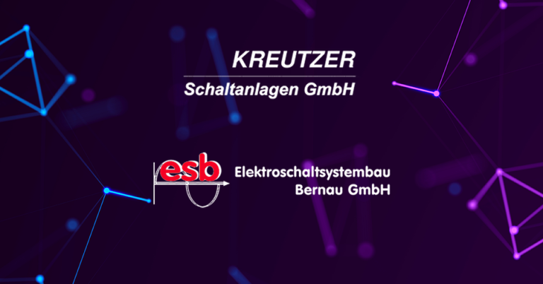 2607_HV_Partnerschaft_Beitragsbild_955x500 Logos von Kreutzer Schaltanlagen und ESB Elektroschaltsystembau vor einem dunklen Hintergrund mit geometrische Linien in Blau und Lila.
